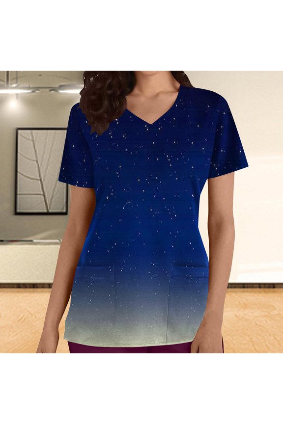 Print Nursing Uniforms Scrub for Women Fashion Woman Print V-Neck Short Sleeve T-Shirt Printing Loose Blouse Tops