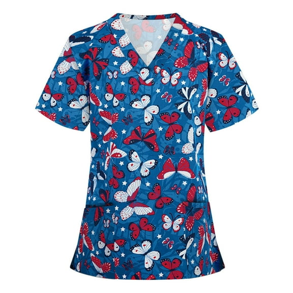 Kayannuo Print Nursing Uniforms Scrub for Women Fashion Woman Short Sleeve V-Neck Printing Blouse Causal Pullover Pockets Tops