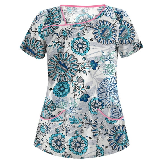 Kayannuo Print Nursing Uniforms Scrub for Women Women Fashion Flower Print Short Sleeve Neck Tops Working Uniform Blouse Shirt