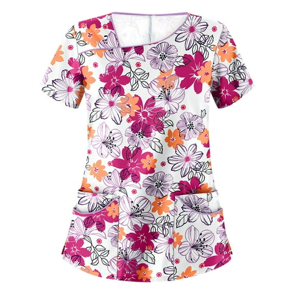 Kayannuo Print Nursing Uniforms Scrub for Women Women Short Sleeve Irregular -neck Tops Working Uniform Blouse