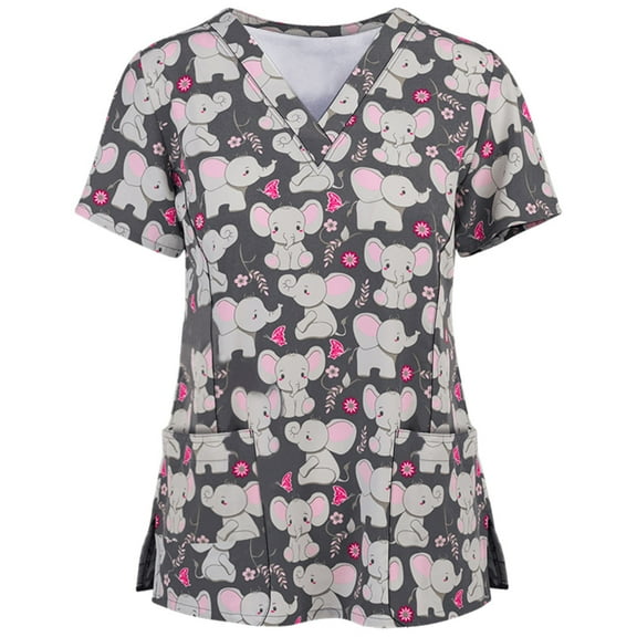 Kayannuo Print Nursing Uniforms Scrub for Women Women Short Sleeve V-neck Tops Uniform Printed Pockets Blouse Nursing