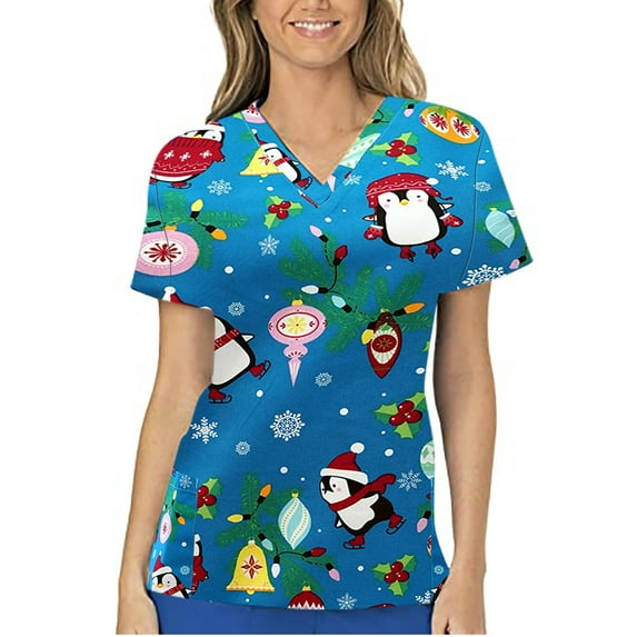 Kayannuo Print Nursing Uniforms Scrub for Women Women Short Sleeve V-neck Tops Working Uniform Christmas Blouse