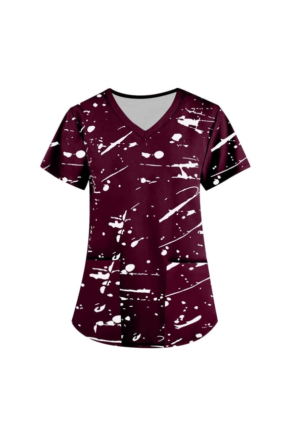 Print Nursing Uniforms Scrub for Women Women's Fashion Short Sleeve V-Neck Tops Working Uniform Printing Pocket Blouse Tops