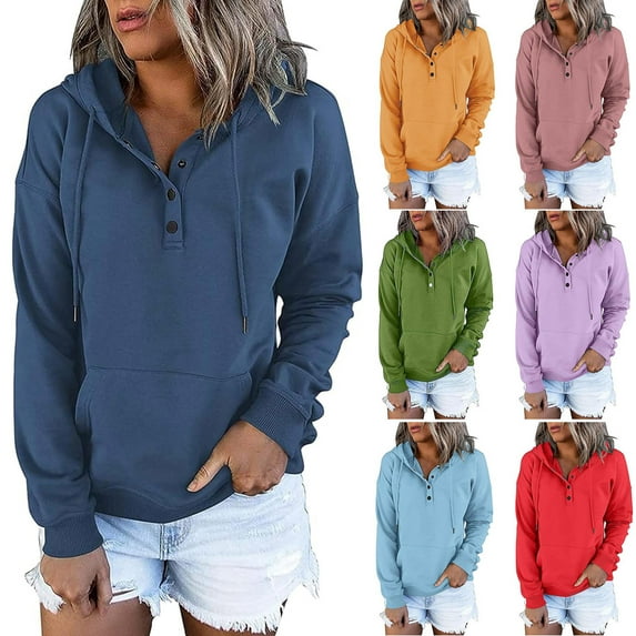 Kayannuo Pullover Hoodies for Women Solid Drawstring Ladies Long Sleeve Sweatshirt Fall Women Winter Casual Button Drawstring Hooded Pullover Tops
