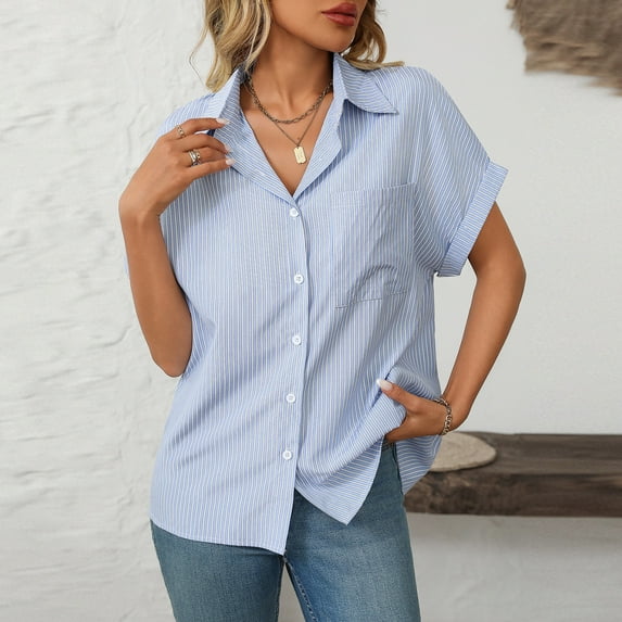 Kayannuo Shirts for Women Women's Fashion Fashion Loose Short Sleeve Lapel Pocket Casual Striped Shirt Top Blue XXL