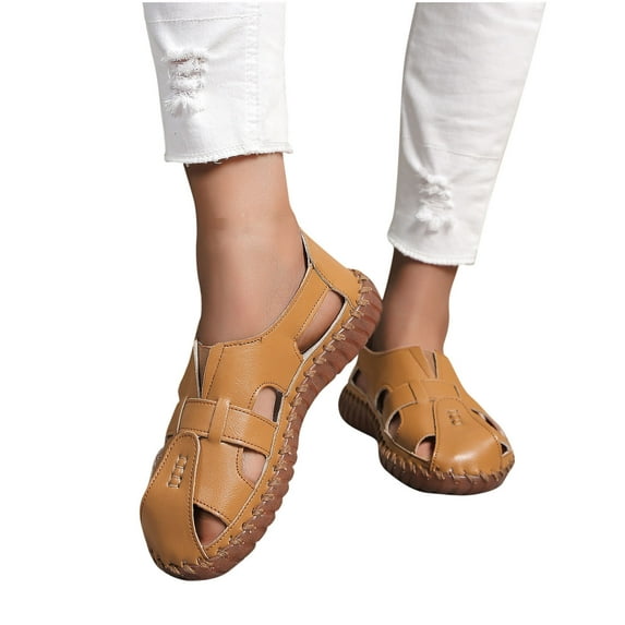 Kayannuo Shoes for Women Summer Womens Fashion Genuine Leather Flat Sandals Floral Hollow Shape Soft Soles Comfortable Flat Bottoms Sport Casual Solid Color Sandals