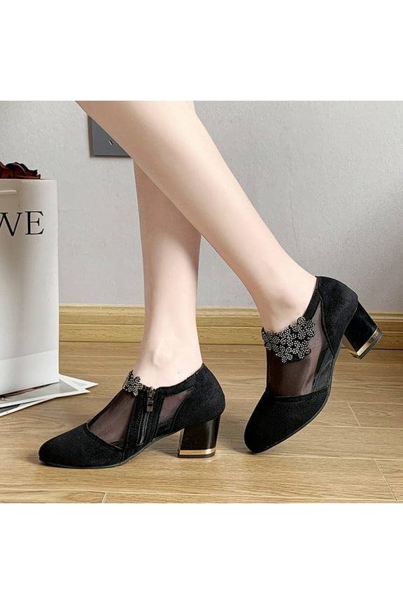 Shoes for Women Fall Pointed Thick Heel Side Zipper Flower Large Size Low Top Single Shoes Women