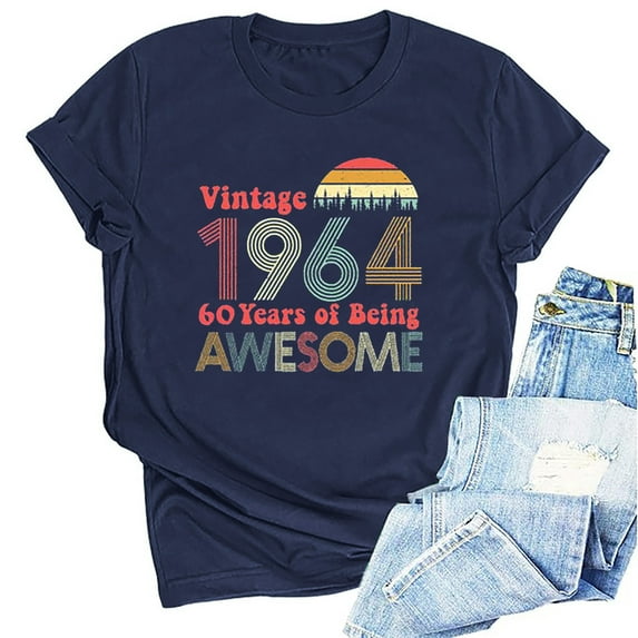 Kayannuo Short Sleeve Womens Tops Graphic Tees Women Valentine's Day 1964 Vintage Shirt For Women 60th Birthday Gifts 1964 Birthday Gifts Idea Retro Short Sleevel T Shirts Party Tops Tees