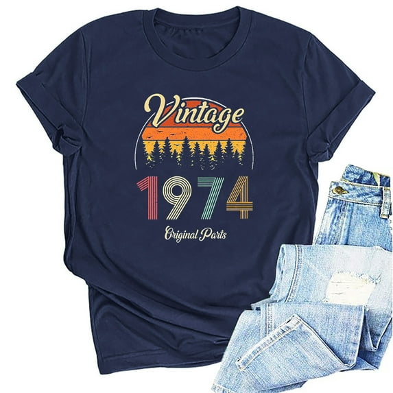 Kayannuo Short Sleeve Womens Tops Graphic Tees Women Valentine's Day 1974 Vintage Shirt For Women 50th Birthday Gifts 1974 Birthday Gifts Idea Retro Short Sleevel T Shirts Party Tops Tees