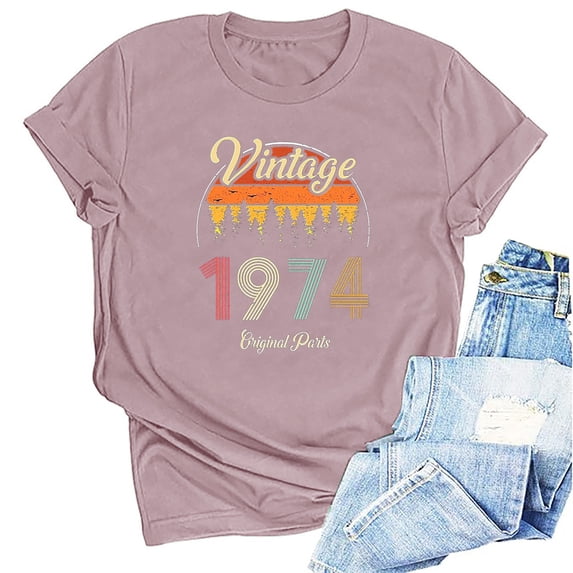 Kayannuo Short Sleeve Womens Tops Graphic Tees Women Valentine's Day 1974 Vintage Shirt For Women 50th Birthday Gifts 1974 Birthday Gifts Idea Retro Short Sleevel T Shirts Party Tops Tees