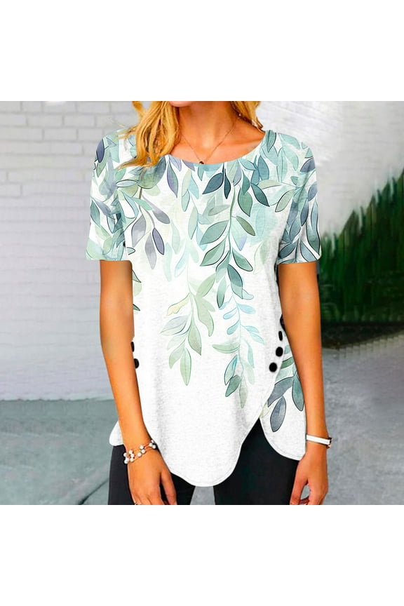 Short Sleeve Womens Tops Graphic Tees Women Valentine's Day Women's Fashion Printed Loose T-shirt Buttons Short Sleeves Blouse Round-Neck Casual Tops