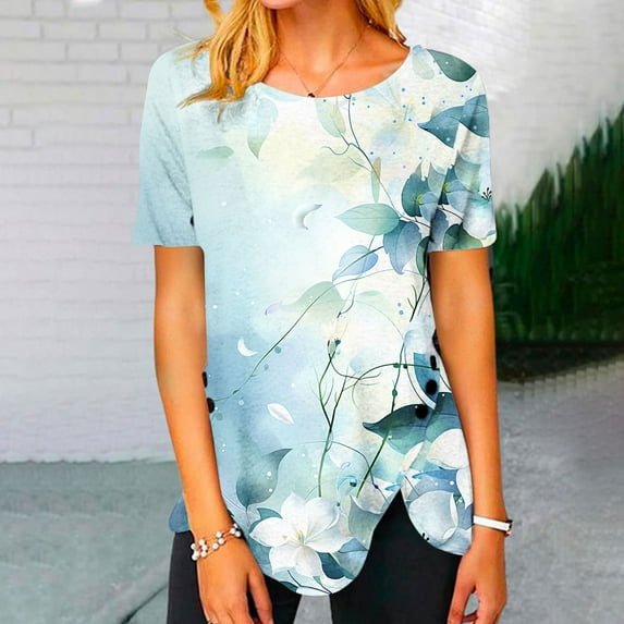 Kayannuo Short Sleeve Womens Tops Graphic Tees Women Valentine's Day Women's Fashion Printed Loose T-shirt Buttons Short Sleeves Blouse Round-Neck Casual Tops