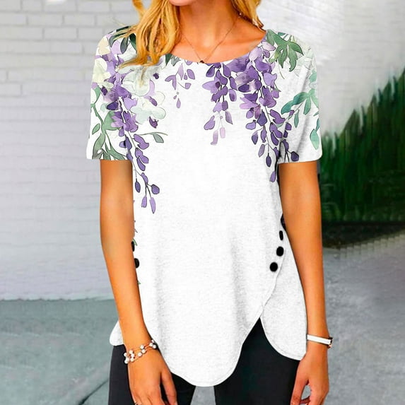 Kayannuo Short Sleeve Womens Tops Graphic Tees Women Valentine's Day Women's Fashion Printed Loose T-shirt Buttons Short Sleeves Blouse Round-Neck Casual Tops