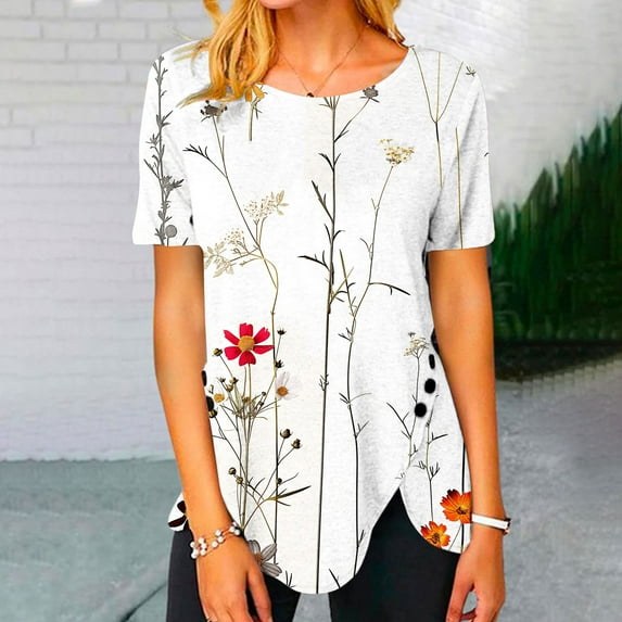 Kayannuo Short Sleeve Womens Tops Graphic Tees Women Valentine's Day Women's Fashion Printed Loose T-shirt Buttons Short Sleeves Blouse Round-Neck Casual Tops