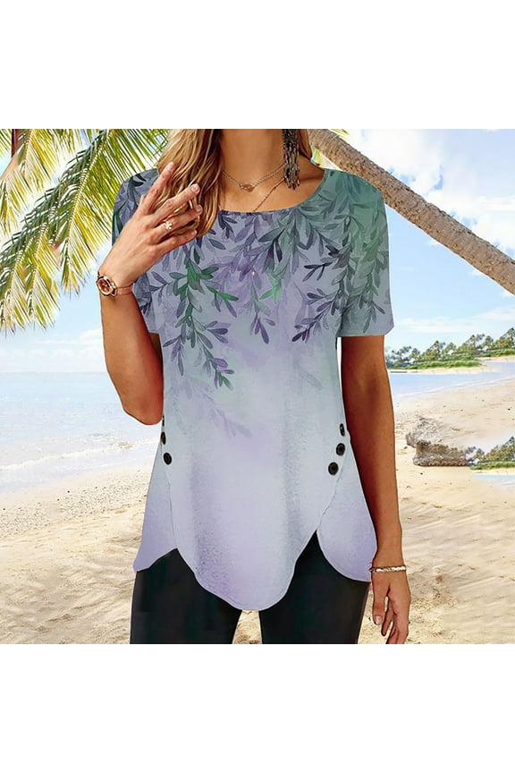 Short Sleeve Womens Tops Graphic Tees Women Valentine's Day Women's Fashion Printed Loose T-shirt Buttons Short Sleeves Blouse Round-Neck Casual Tops