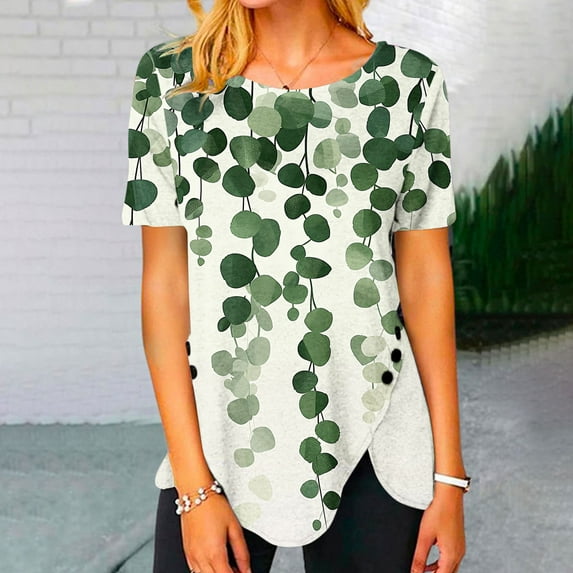 Kayannuo Short Sleeve Womens Tops Graphic Tees Women Valentine's Day Women's Fashion Printed Loose T-shirt Buttons Short Sleeves Blouse Round-Neck Casual Tops