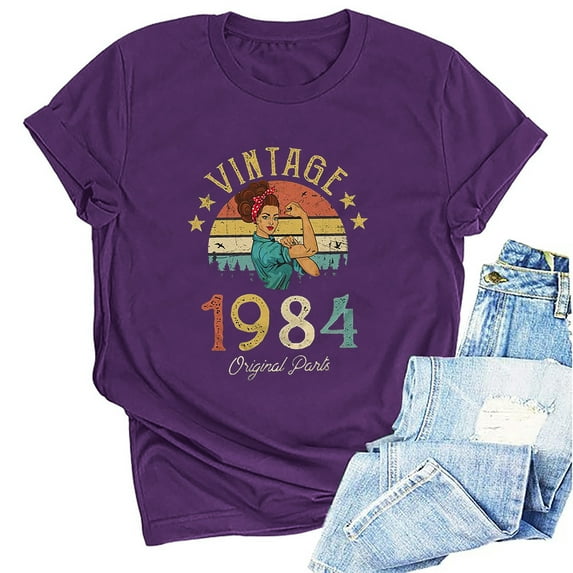 Kayannuo Short Sleeve Womens Tops Graphic Tees Women Valentine's Day 1984 Vintage Shirt For Women 40th Birthday Gifts 1984 Birthday Gifts Idea Retro Short Sleevel T Shirts Party Tops Tees