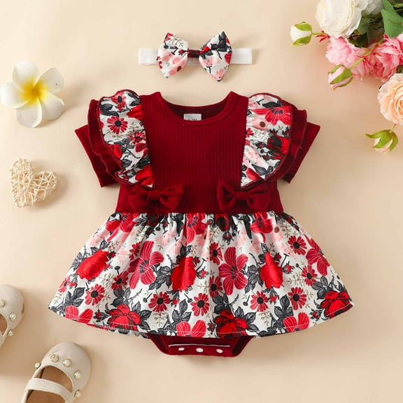 Kayannuo Summer Dress for Girls Baby Girls Dresses 1-18M Baby Girl Short Sleeve Ruffle Dress Flower Stripe Wrapped Fart Suit One-piece Headband Set Birthday Dress