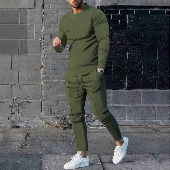 Kayannuo Sweat Pants for Men Spring Back to School Men's Solid Color Suit Round Neck Long Sleeve T-Shirt Trousers Tight Two Piece Set Army Green