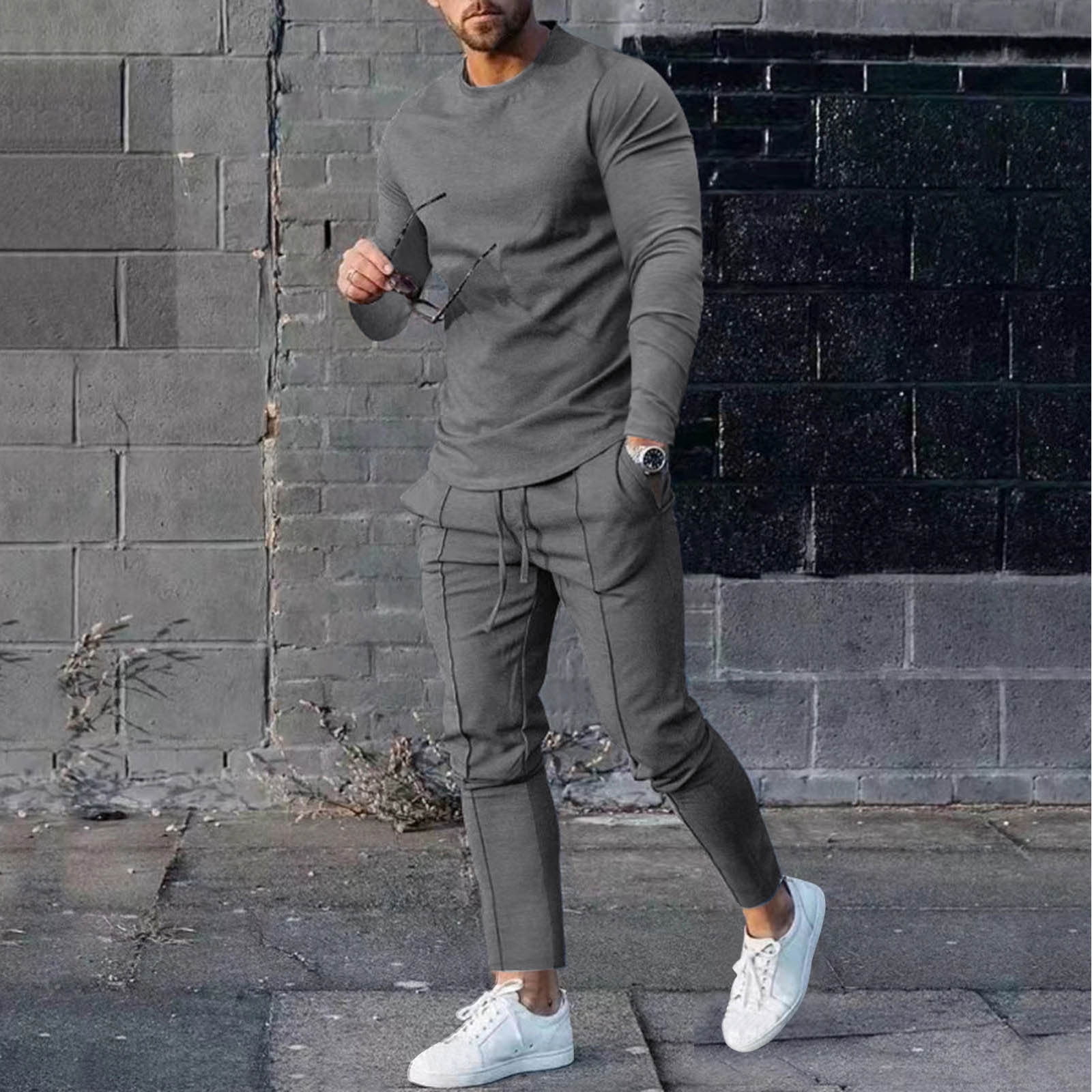 Kayannuo Sweat Pants for Men Spring Christmas Clearance Men's Solid Color  Suit Round Neck Long Sleeve T-Shirt Trousers Tight Two Piece Set Dark Gray  