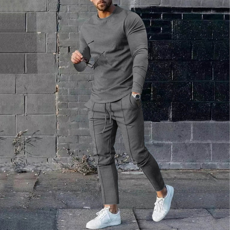 Kayannuo Sweat Pants for Men Spring Christmas Clearance Men's Solid Color  Suit Round Neck Long Sleeve T-Shirt Trousers Tight Two Piece Set Dark Gray
