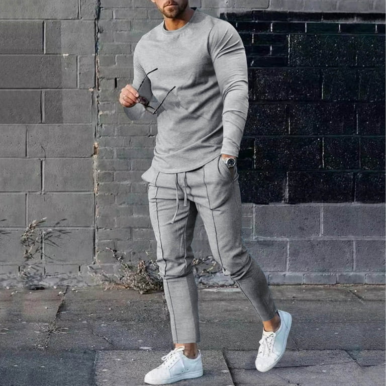 Kayannuo Sweat Pants for Men Spring Christmas Clearance Men s Solid Color Suit Round Neck Long Sleeve T Shirt Trousers Tight Two Piece Set Gray