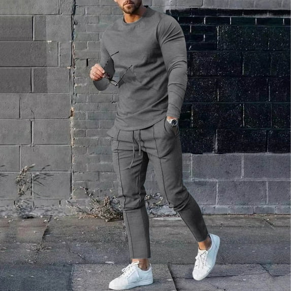 Kayannuo Sweat Pants for Men Spring Christmas Men's Solid Color Suit Round Neck Long Sleeve T-Shirt Trousers Tight Two Piece Set Dark Gray