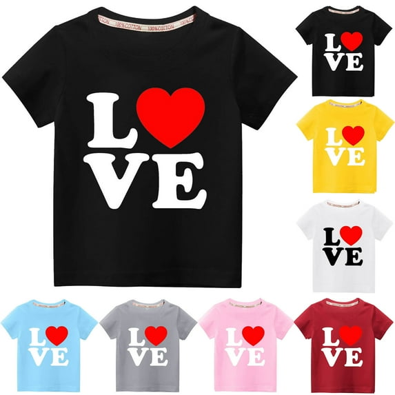 Kayannuo T Shirts for Girls Short Sleeve Graphic Tees Boys Valentine's Day Toddler Kids Boys Girls Fashion Cute Solid Color Round Neck Valentine's Day Heart Print Short Sleeve Top 7 Years