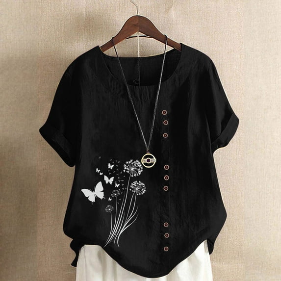 Kayannuo T Shirts for Women Women Casual And Linen Round-Neck Tops Printed Short Sleeve Button T-shirt Blouse Black XXXXL