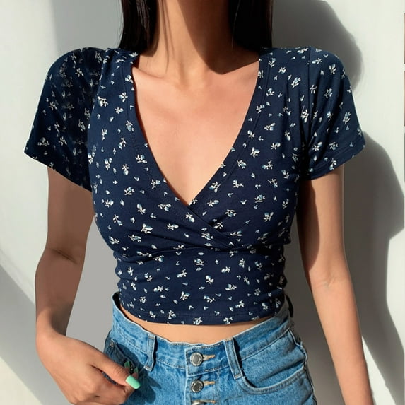 Kayannuo T Shirts for Women V Neck Womens Tops Slim Shortnavel Short Sleeve Retro Style Floral Womens T Shirts Graphic