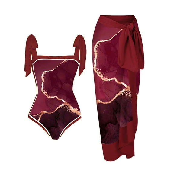 Kayannuo Two Piece Swimsuit for Women Vintage Swimsuit for Women Women's Vintage Printed Swimwear Conservative Swimwear Women's Printed Beach Skirt Set (Red XL)