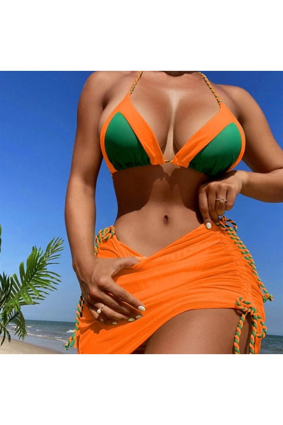 Two Piece Swimsuit for Women Swimsuit Women Women's Swimsuit Three-Piece Bikini Split Bikini Swimsuit (Orange L)