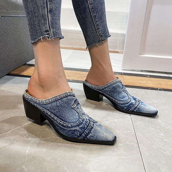 Kayannuo Wedges for Women Fashion Casual Denim Closed Pointed Toe Slip On Loafer Slides Backless Shoes Chunky Block Mid Heels Mule Sandals for Ladies