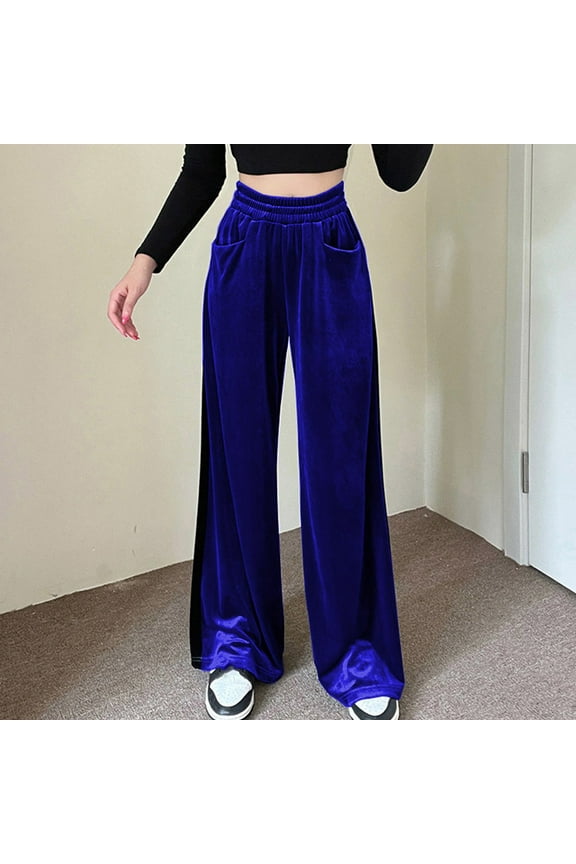 Wide Leg Pants for Women Back to School Women Suede Elastic Waist High Waist Color Blocking Sagging Loose Wide Leg Trousers Length Pants Blue