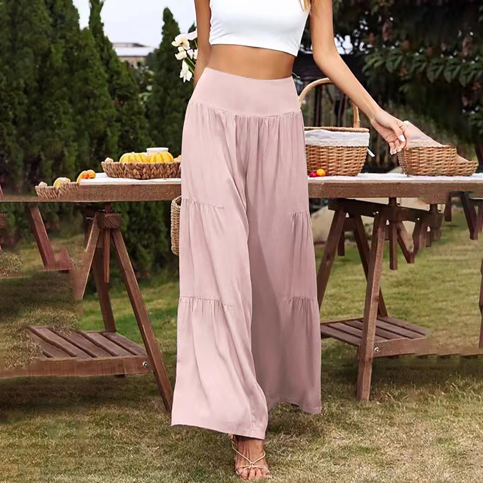 Kayannuo Wide Leg Pants for Women Christmas Clearance Women's Fashion  Casual High Waist Elastic Waist Solid Color Ruffle Wide Leg Long Pants Pink  