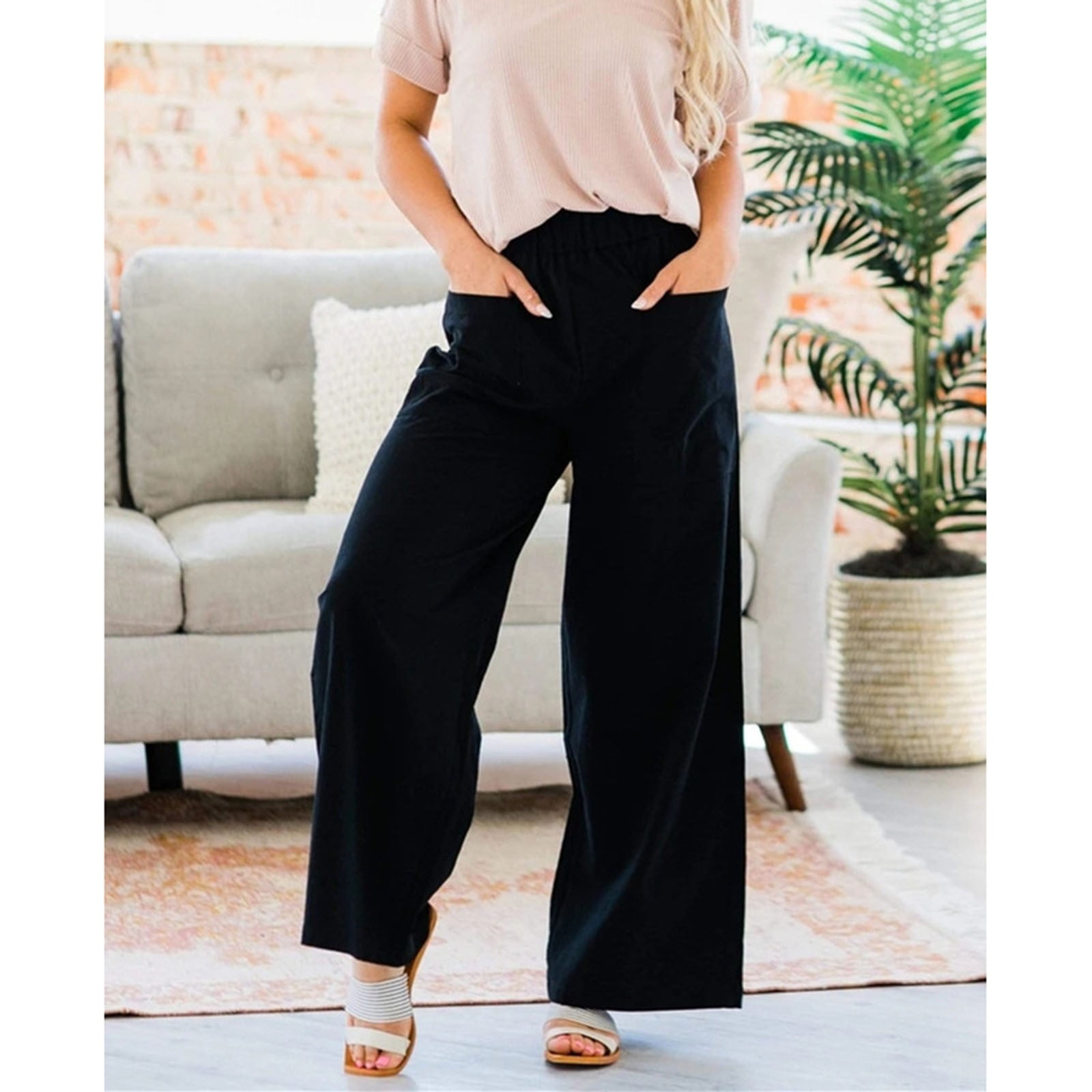 Kayannuo Wide Leg Pants for Women Christmas Clearance Fashion Women Summer  Casual Loose Pocket Solid Trousers Wide Leg Pants Beige