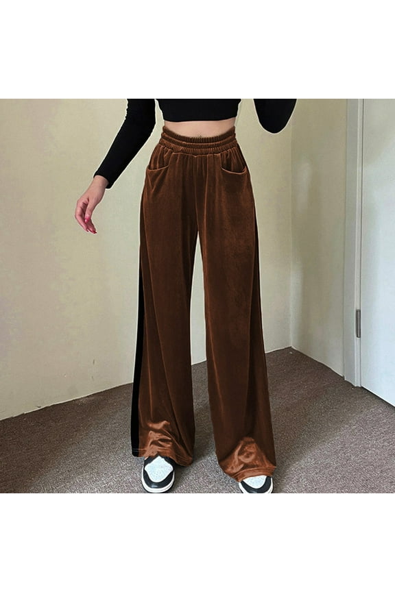 Wide Leg Pants for Women Christmas Women Suede Elastic Waist High Waist Color Blocking Sagging Loose Wide Leg Trousers Length Pants Brown
