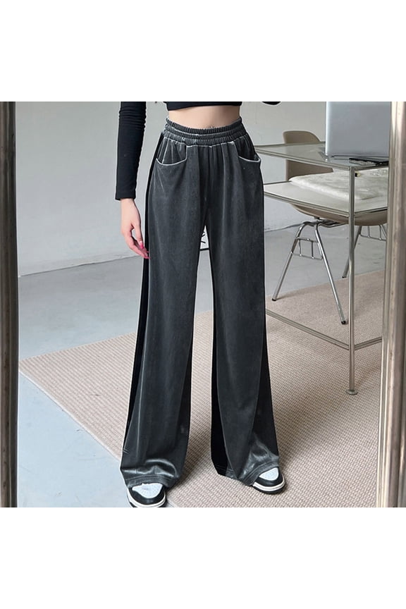 Wide Leg Pants for Women Christmas Women Suede Elastic Waist High Waist Color Blocking Sagging Loose Wide Leg Trousers Length Pants Gray