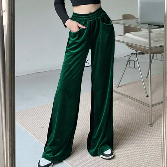 Kayannuo Wide Leg Pants for Women Christmas Women Suede Elastic Waist High Waist Color Blocking Sagging Loose Wide Leg Trousers Length Pants Green