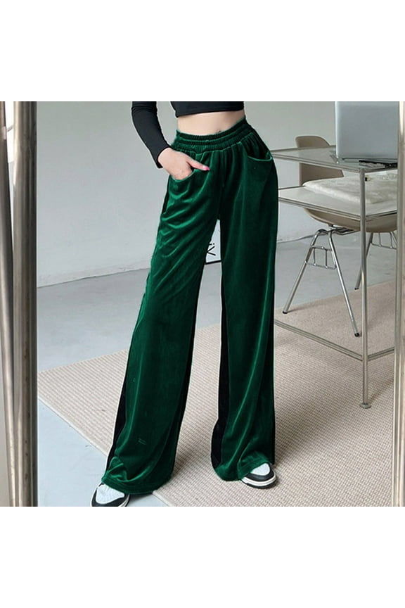 Wide Leg Pants for Women Christmas Women Suede Elastic Waist High Waist Color Blocking Sagging Loose Wide Leg Trousers Length Pants Green