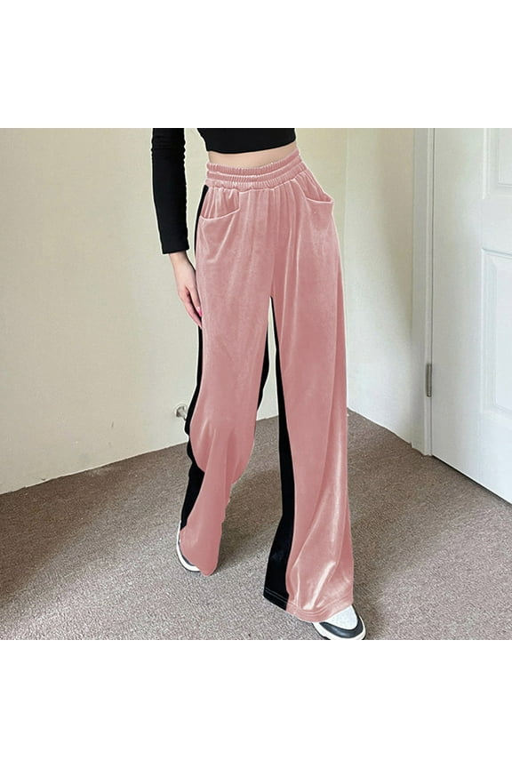 Wide Leg Pants for Women Christmas Women Suede Elastic Waist High Waist Color Blocking Sagging Loose Wide Leg Trousers Length Pants Pink