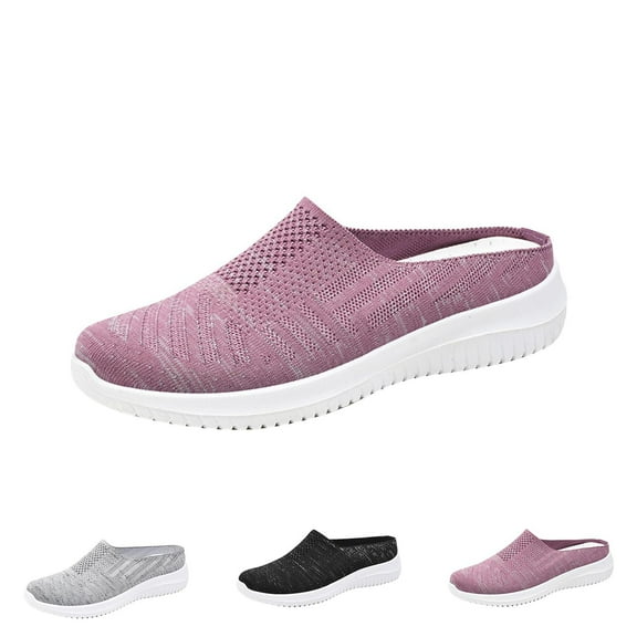 Kayannuo Women's Knitted Slip On Lightweight Mule Sneakers,Comfort Open Back Flats Fashion Mesh Breathe Loafer Closed Round Toe Low Top Walking Shoes