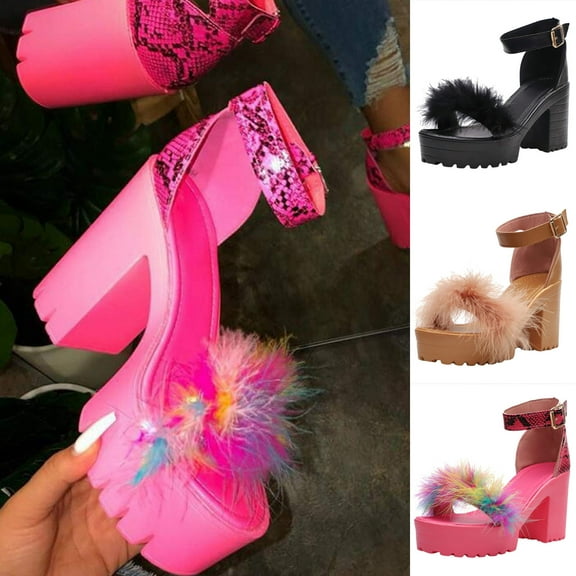 Kayannuo Women's Platform Chunky Heel , Sandals Women Platform Fluffy Feather Sandals Chunky High Heels Bohemia Sandals Wedding Bridal Party Dress Shoes