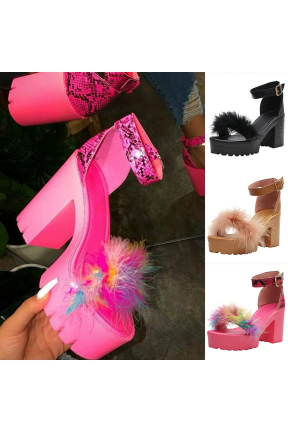 Women's Platform Chunky Heel , Sandals Women Platform Fluffy Feather Sandals Chunky High Heels Bohemia Sandals Wedding Bridal Party Dress Shoes