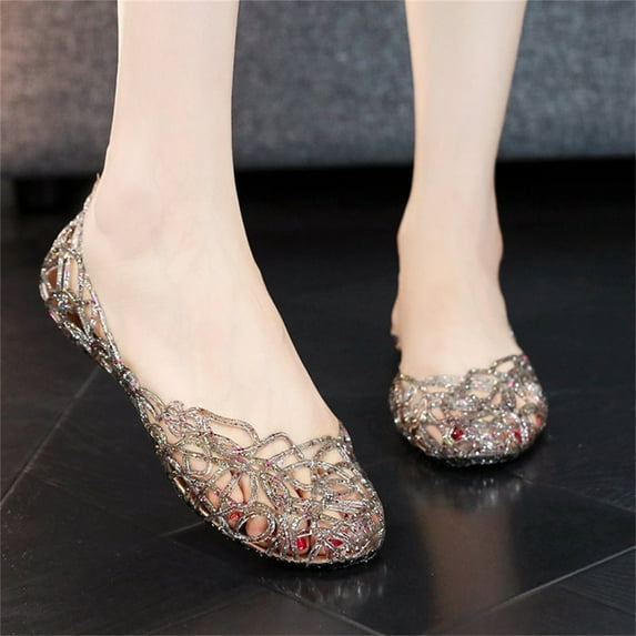 Kayannuo Women's Sandals Womens Flat Sandals Summer Hollow Out Flat Sandals Women's Casual Shoes Crystal Plastic Jelly Shoes Gifts for Women