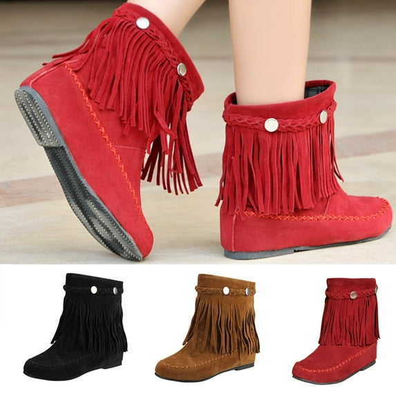 Kayannuo Women's Slouch Fringe Ankle Boots Round Toe Slip On Leather Low Heel Booties Comfy Tassel Short Boot