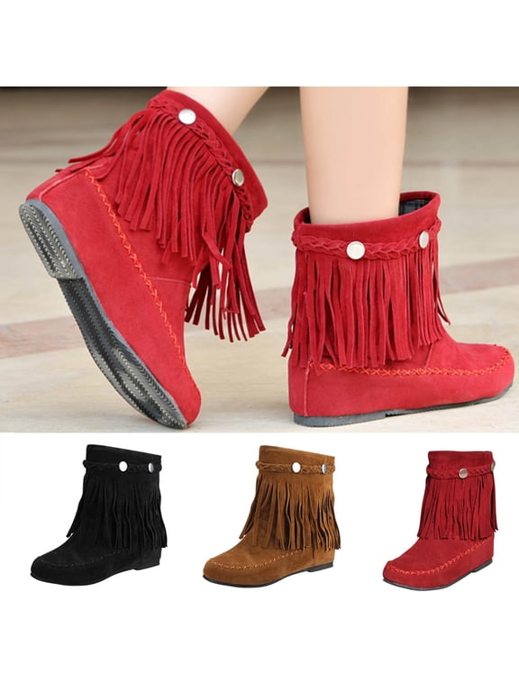 Women's Slouch Fringe Ankle Boots Round Toe Slip On Leather Low Heel Booties Comfy Tassel Short Boot