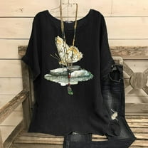 Kayannuo Women's T-shirts Short Sleeve Women's Fashion Print Tees Casual Crew Neck Raglan Short Sleeve Loose T Shirt Linen Tops Blouses Black M