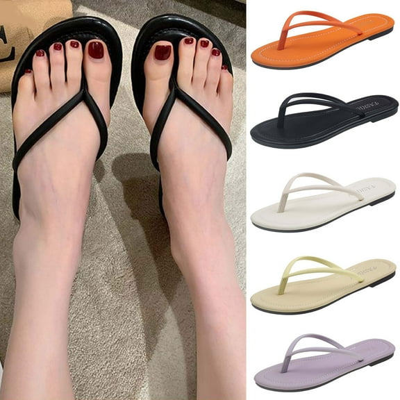 Kayannuo Women's T-strap Thong Flat Flip Flops Casual Thin Strap Sandals Single Layer Premier Leather Shoes For Summer Outdoor