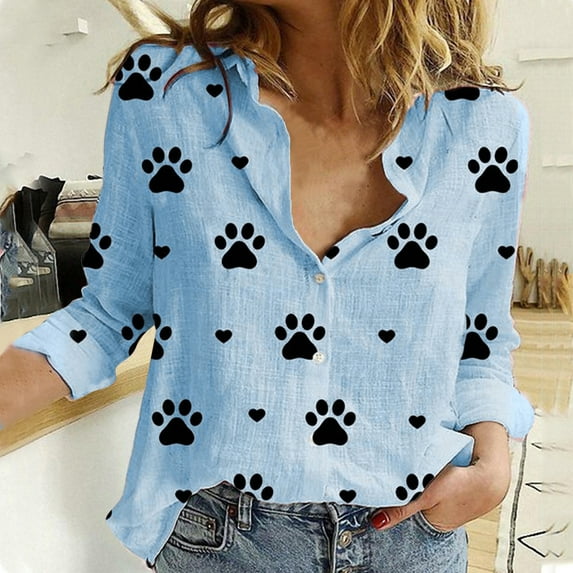 Kayannuo Womens Blouses Long Sleeve Collar Dog Footprints Print Button Front Tops for Women Fashion versatile Fall Woman Loose Daisy Long Shirt Cotton Ladies Casual Tops T-Shirt Blouse